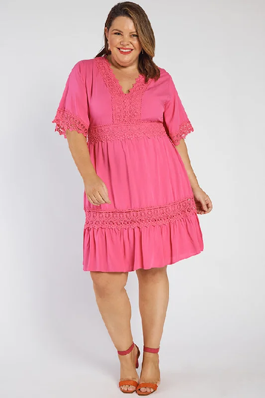 Niki Hot Pink Lace Trim Dress