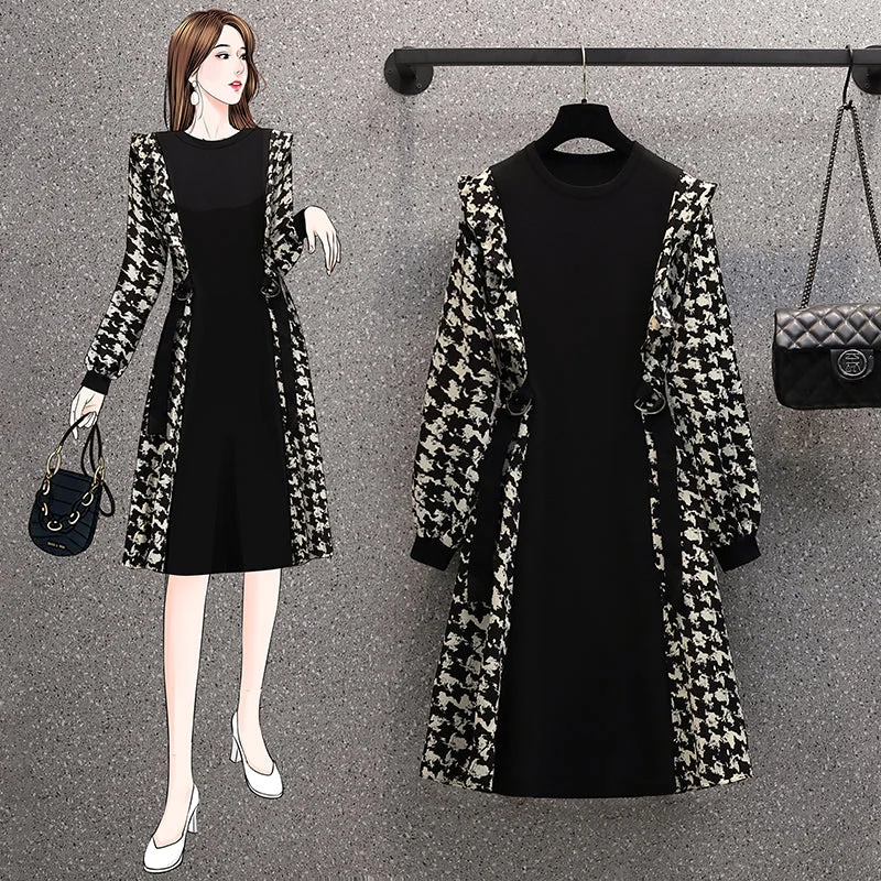 Plus Size Hounstooth Illusion Long Sleeve Dress