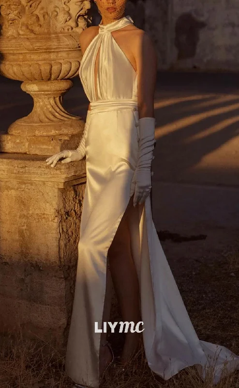 LW846 - Halter Sleeveless Sleek Satin High Slit Beach Wedding Dress