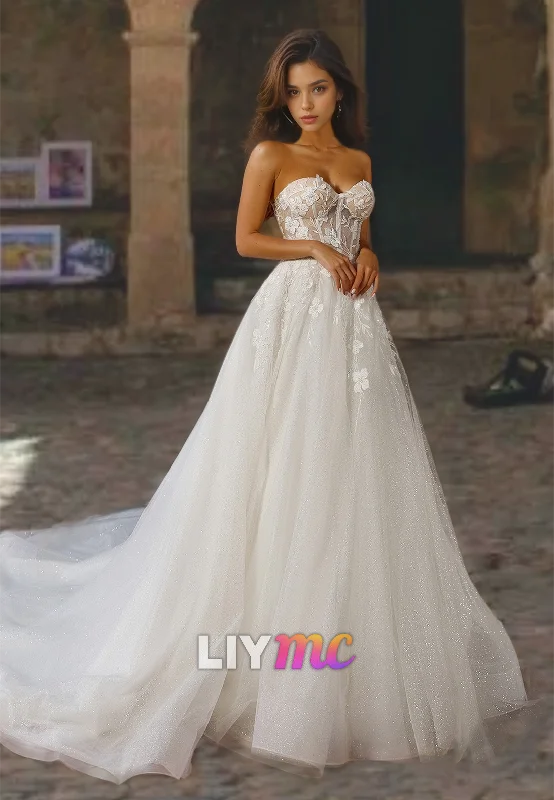 Sweetheart Sleeveless Floral Embellished Tulle A-Line Wedding Dress