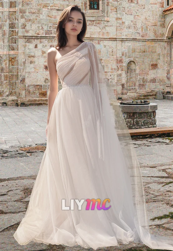 LW087 - A Line One Shoulder Beaded Sheer Pleated Tulle Long Wedding Dress