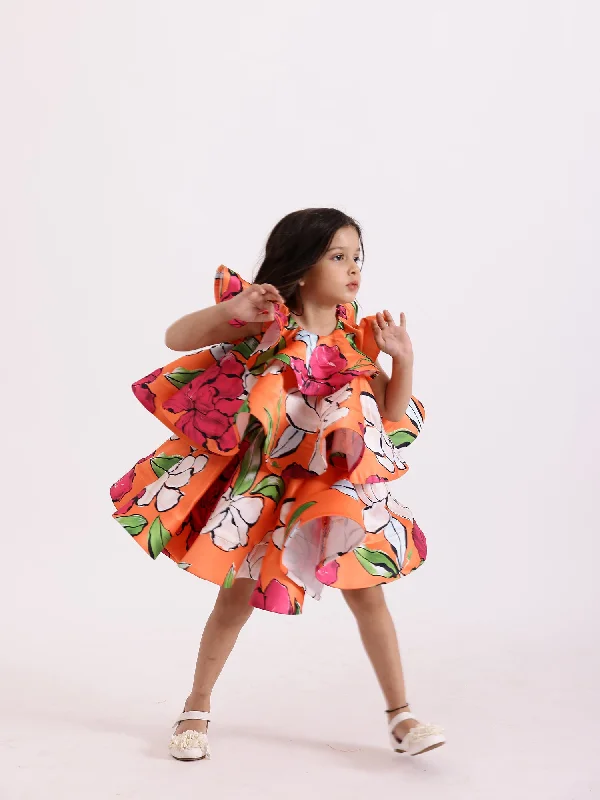 JANYAS CLOSET Orange Bold Floral Print Layered Dress