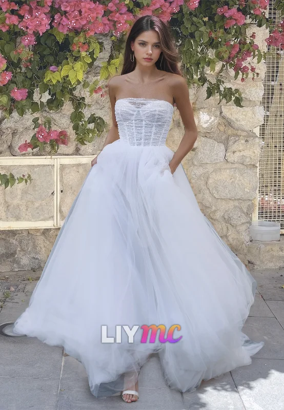 Sweetheart Strapless Sleeveless Pleated Tulle A-Line Ball Gown Wedding Dress