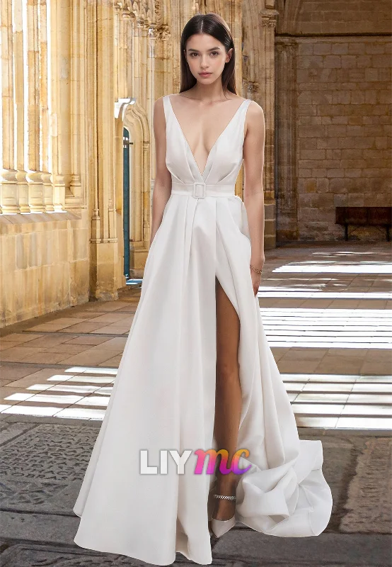 LW030 - A Line Deep V neck Satin Wedding Dress with Slit